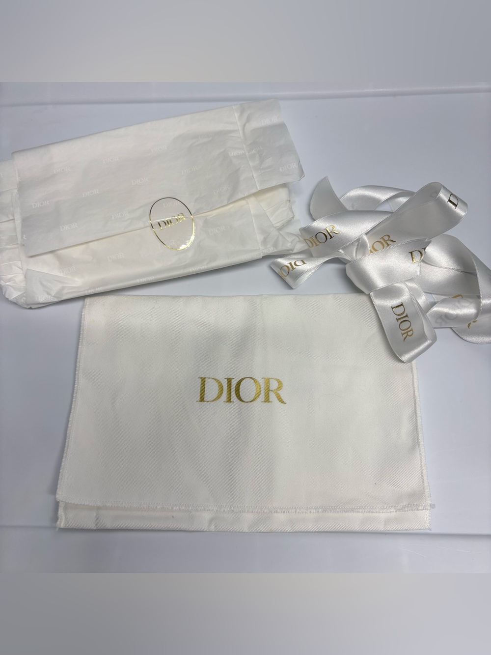Dior White Satin Logo Dust Bag with Gold Print and Ribbon